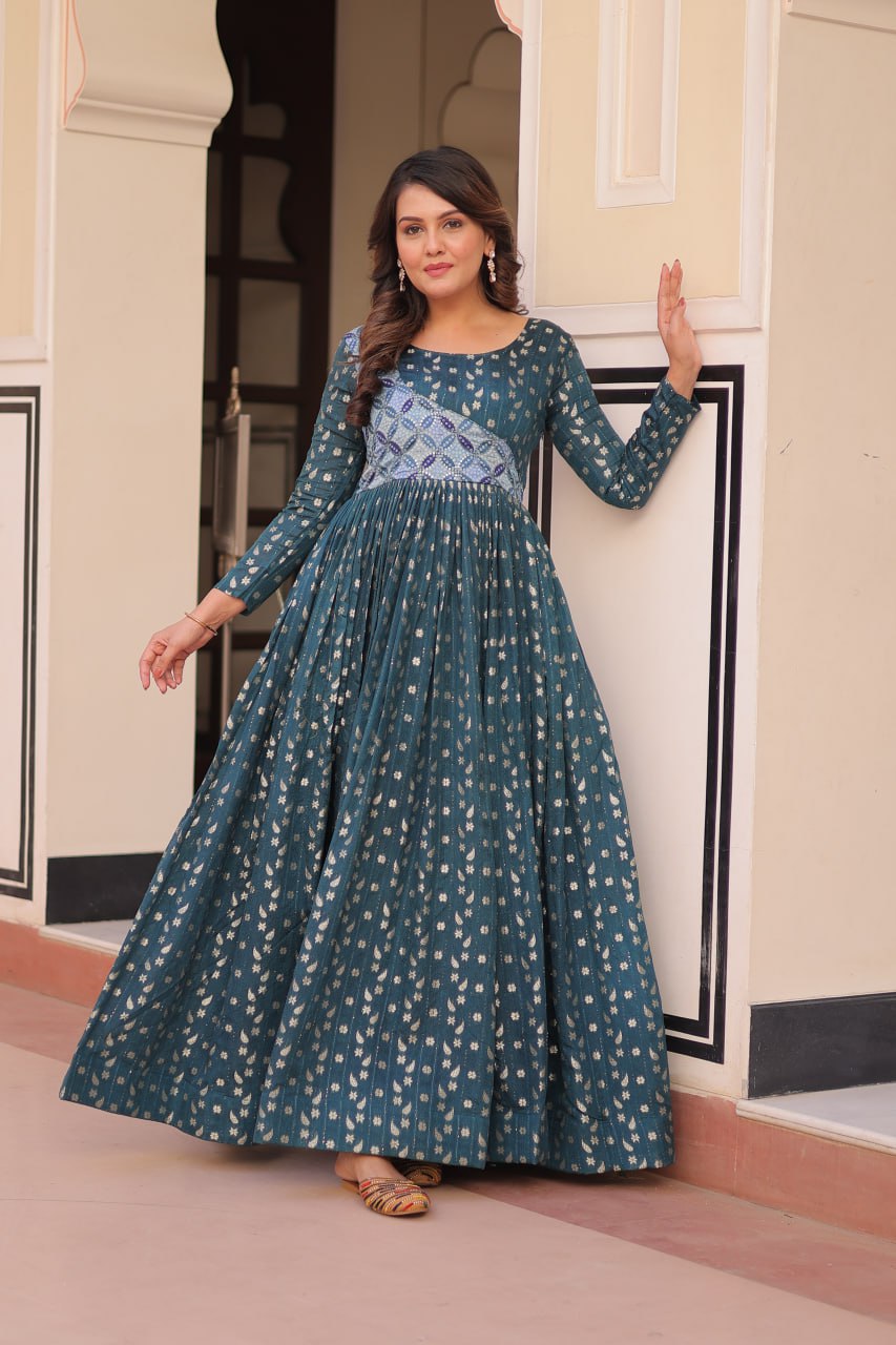 Women's Festive Berry Purple Printed Anarkali Gown with Intricate Zari Work & Embellished Yoke – Perfect for Traditional & Celebration Wear