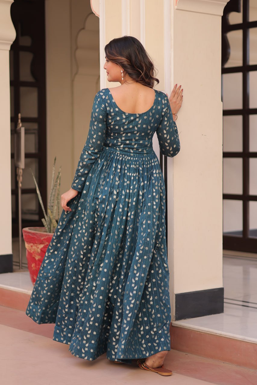 Women's Festive Berry Purple Printed Anarkali Gown with Intricate Zari Work & Embellished Yoke – Perfect for Traditional & Celebration Wear