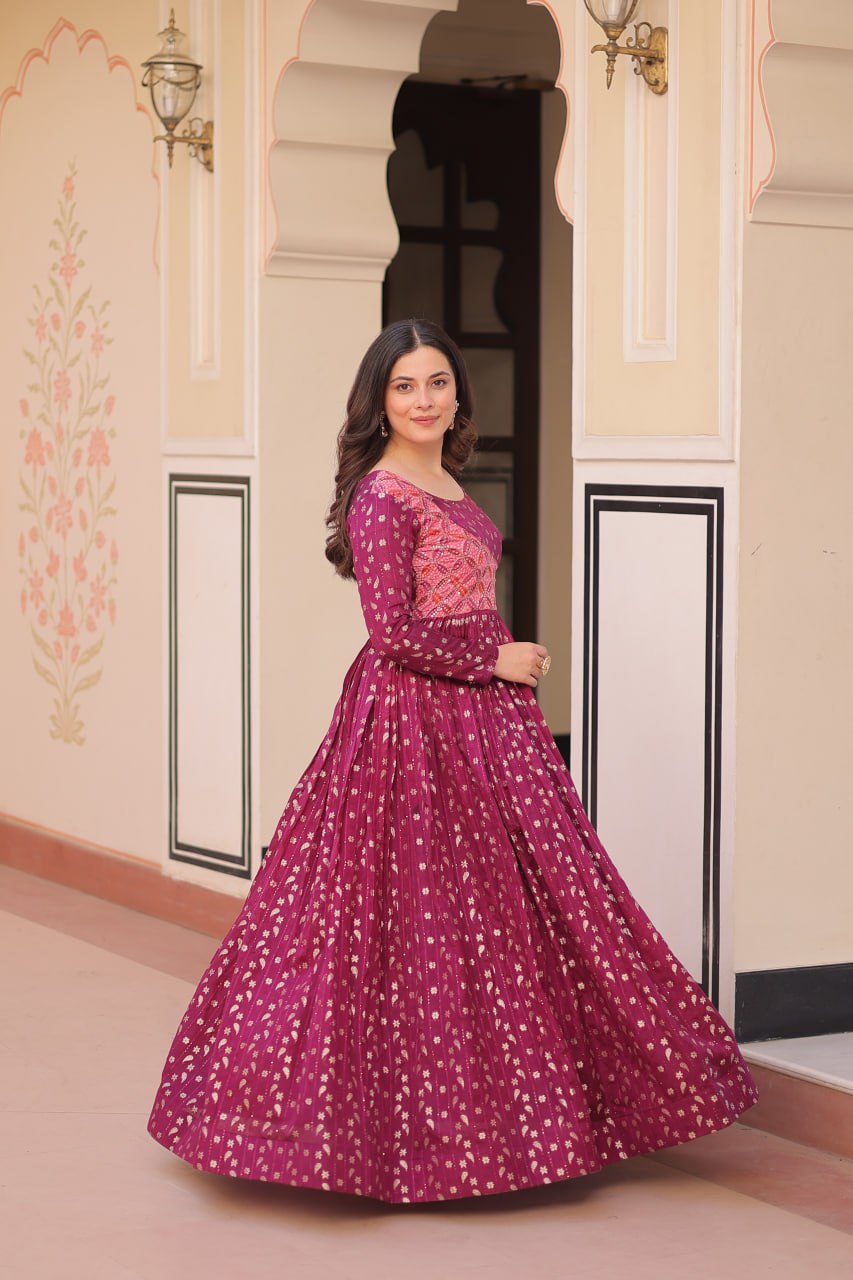 Women's Festive Berry Purple Printed Anarkali Gown with Intricate Zari Work & Embellished Yoke – Perfect for Traditional & Celebration Wear