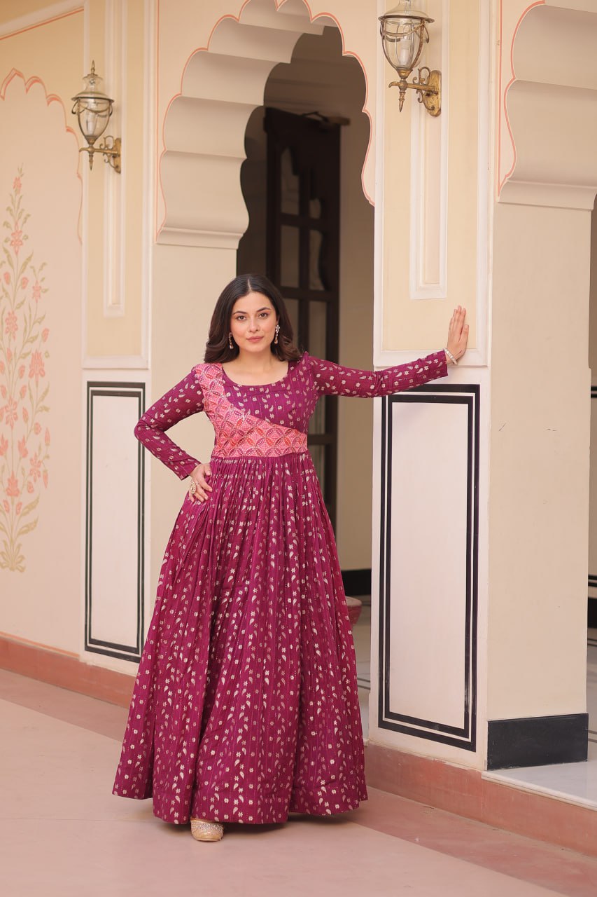 Women's Festive Berry Purple Printed Anarkali Gown with Intricate Zari Work & Embellished Yoke – Perfect for Traditional & Celebration Wear