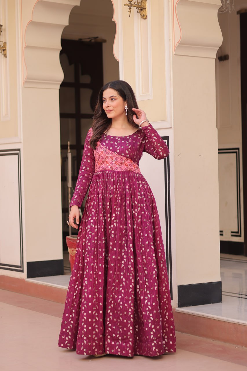 Women's Festive Berry Purple Printed Anarkali Gown with Intricate Zari Work & Embellished Yoke – Perfect for Traditional & Celebration Wear