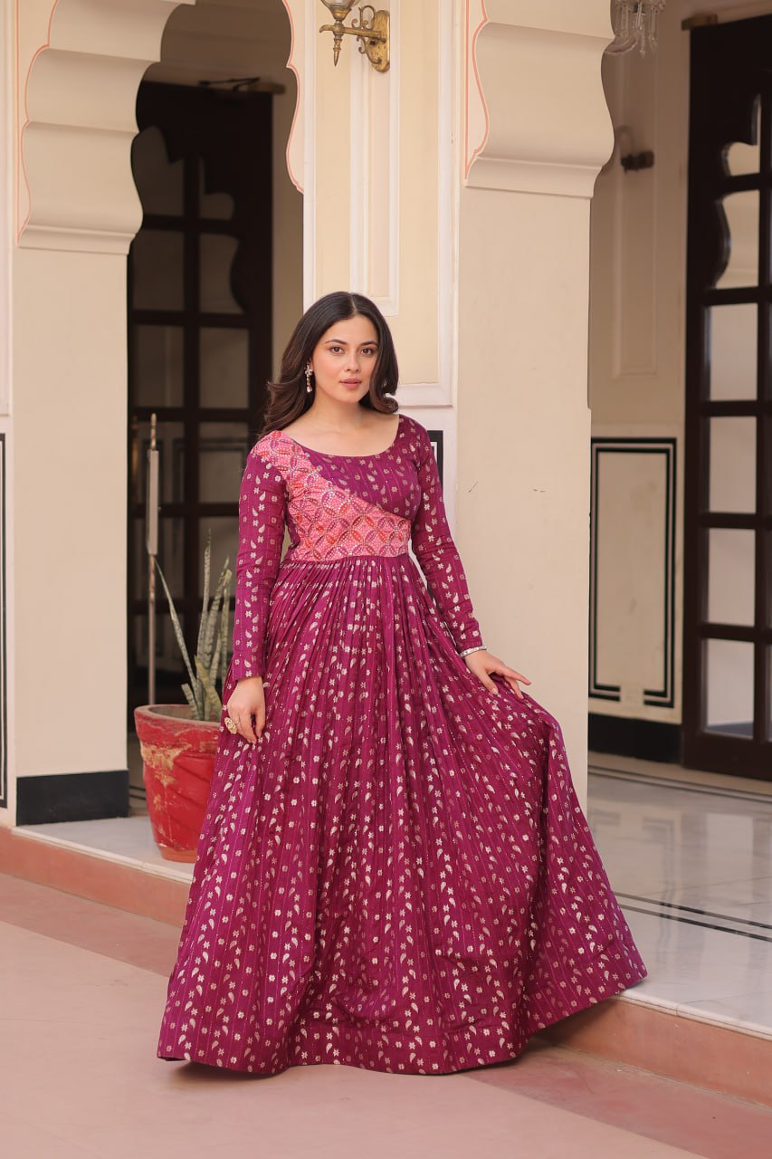 Women's Festive Berry Purple Printed Anarkali Gown with Intricate Zari Work & Embellished Yoke – Perfect for Traditional & Celebration Wear
