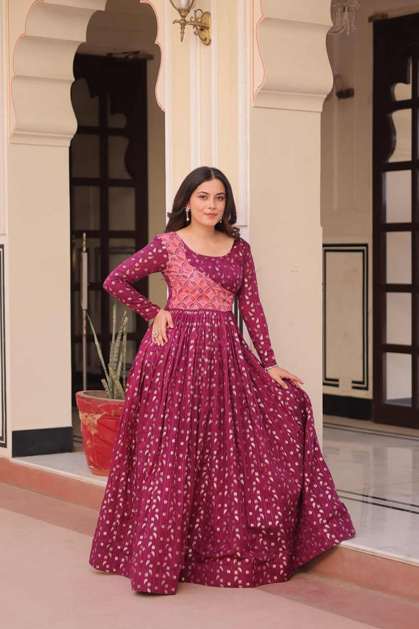 Women's Festive Berry Purple Printed Anarkali Gown with Intricate Zari Work & Embellished Yoke – Perfect for Traditional & Celebration Wear