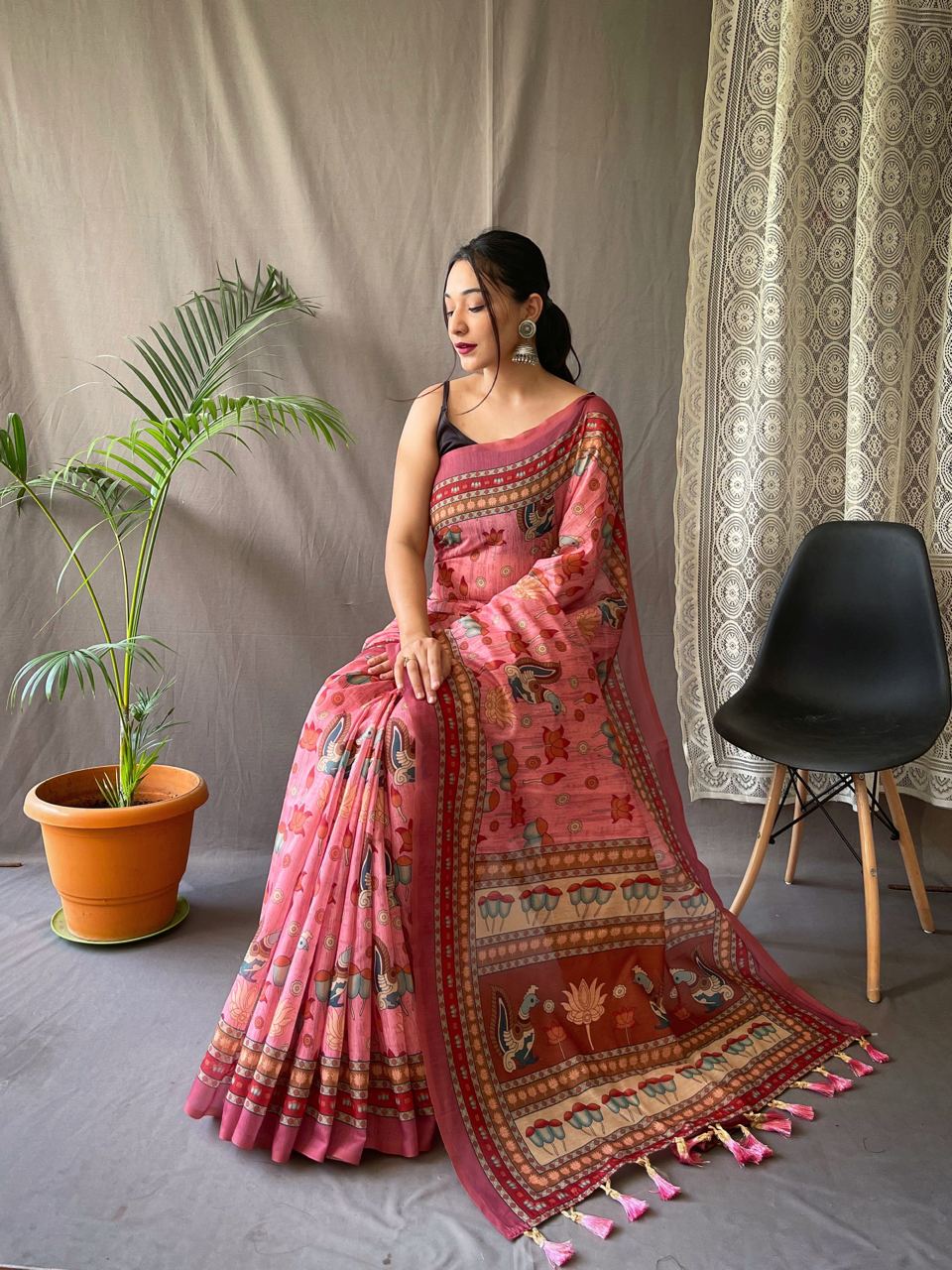 Women's Artistic Terracotta Orange Linen Saree with Kalamkari Inspired Print & Tassel Detailing – Perfect for Casual Festivities & Cultural Events