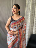 Women's Artistic Terracotta Orange Linen Saree with Kalamkari Inspired Print & Tassel Detailing – Perfect for Casual Festivities & Cultural Events