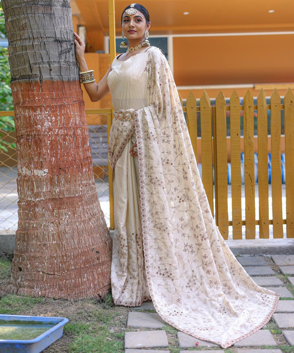 Women's Royal Prussian Blue Georgette Saree with Intricate Silver Thread & Mirror Work Embroidery – Perfect for Festive & Wedding Celebrations