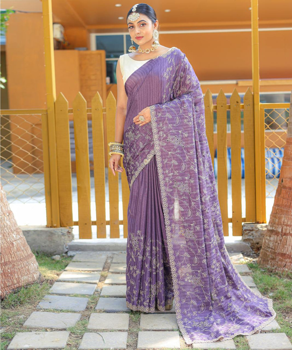 Women's Royal Prussian Blue Georgette Saree with Intricate Silver Thread & Mirror Work Embroidery – Perfect for Festive & Wedding Celebrations