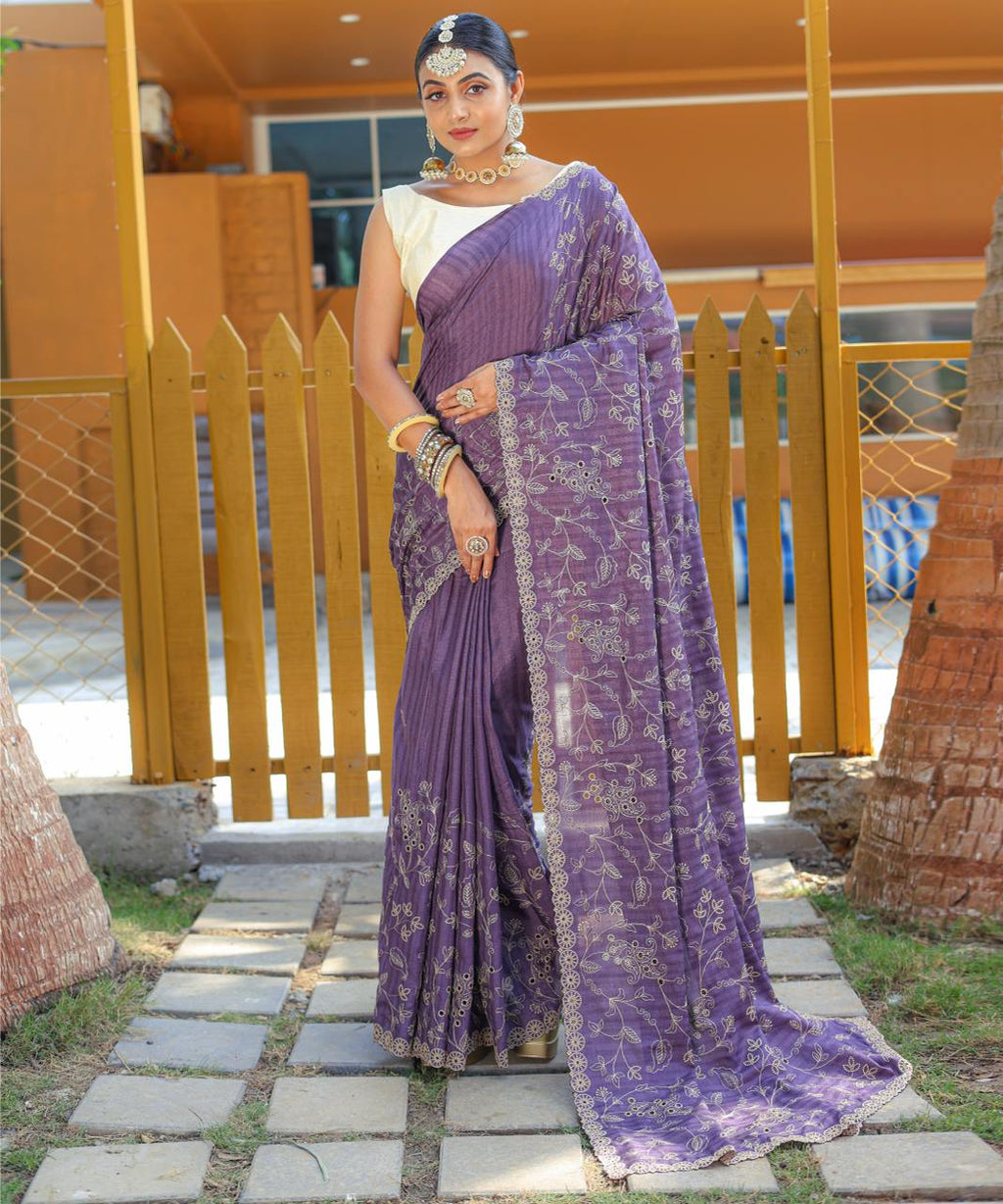 Women's Royal Prussian Blue Georgette Saree with Intricate Silver Thread & Mirror Work Embroidery – Perfect for Festive & Wedding Celebrations