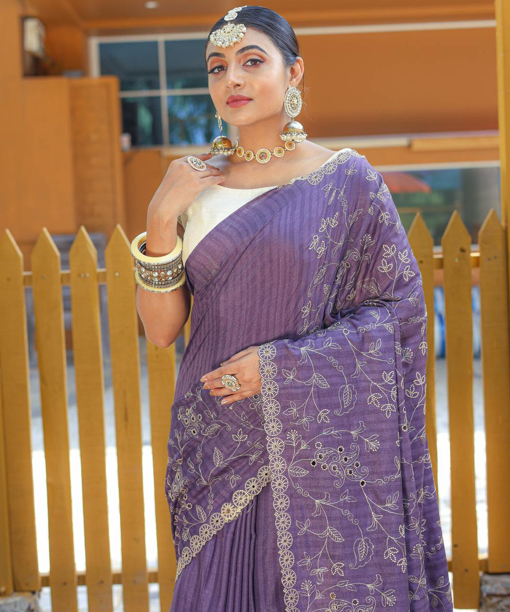 Women's Royal Prussian Blue Georgette Saree with Intricate Silver Thread & Mirror Work Embroidery – Perfect for Festive & Wedding Celebrations