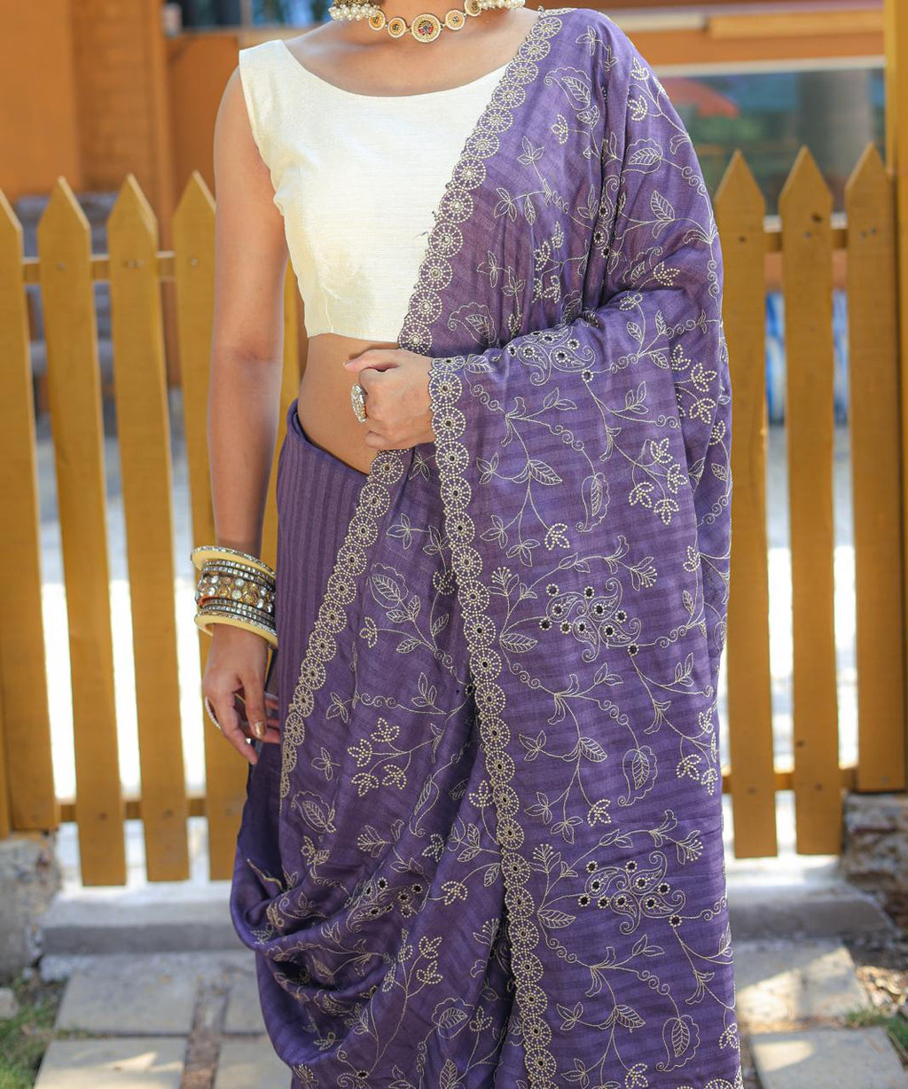 Women's Royal Prussian Blue Georgette Saree with Intricate Silver Thread & Mirror Work Embroidery – Perfect for Festive & Wedding Celebrations