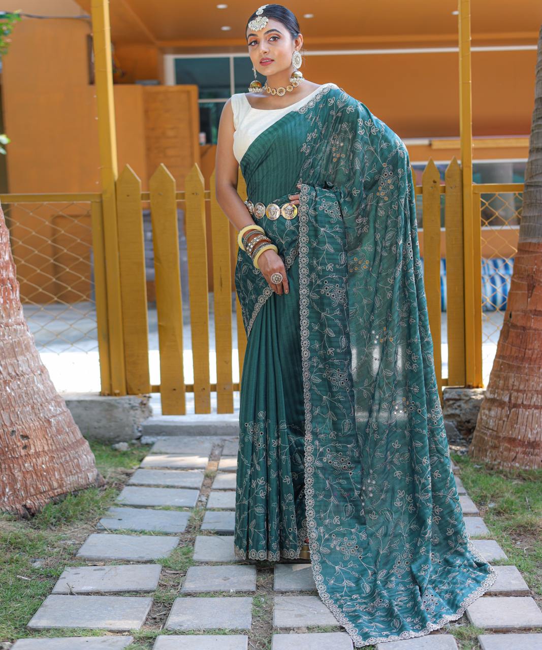 Women's Royal Prussian Blue Georgette Saree with Intricate Silver Thread & Mirror Work Embroidery – Perfect for Festive & Wedding Celebrations