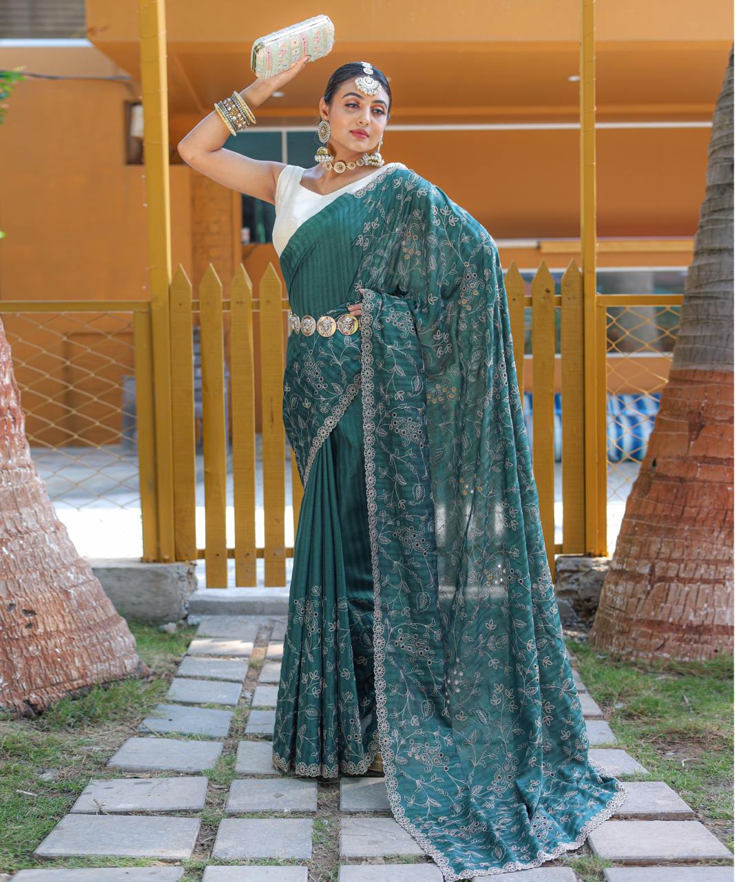 Women's Royal Prussian Blue Georgette Saree with Intricate Silver Thread & Mirror Work Embroidery – Perfect for Festive & Wedding Celebrations