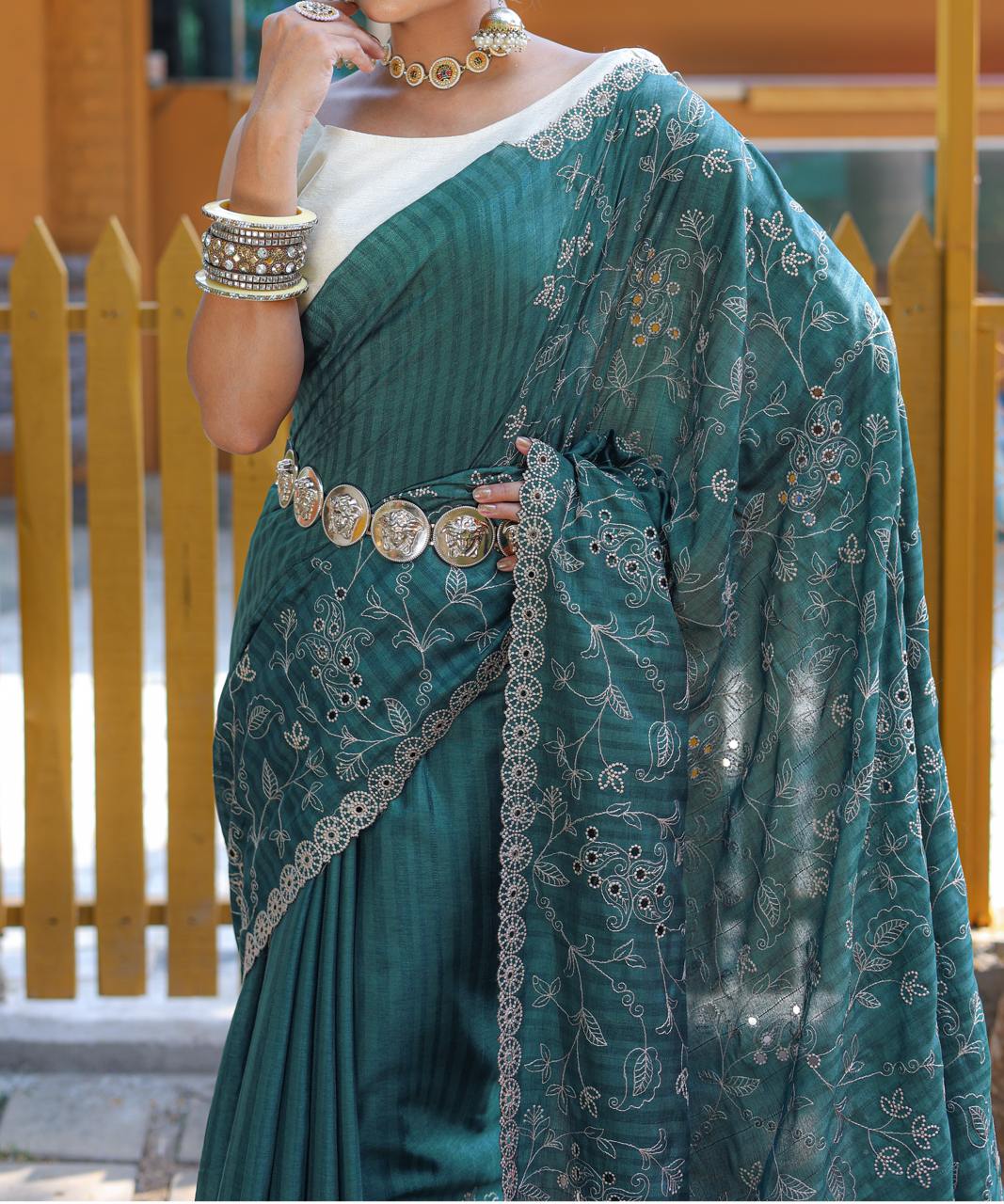 Women's Royal Prussian Blue Georgette Saree with Intricate Silver Thread & Mirror Work Embroidery – Perfect for Festive & Wedding Celebrations