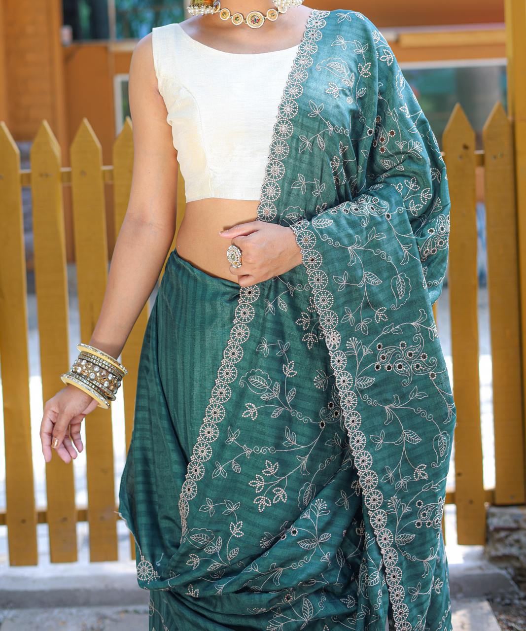 Women's Royal Prussian Blue Georgette Saree with Intricate Silver Thread & Mirror Work Embroidery – Perfect for Festive & Wedding Celebrations