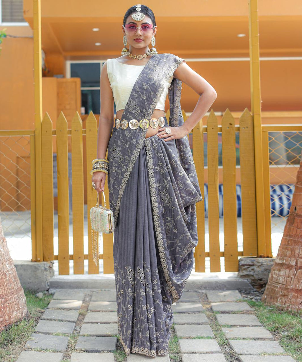 Women's Royal Prussian Blue Georgette Saree with Intricate Silver Thread & Mirror Work Embroidery – Perfect for Festive & Wedding Celebrations