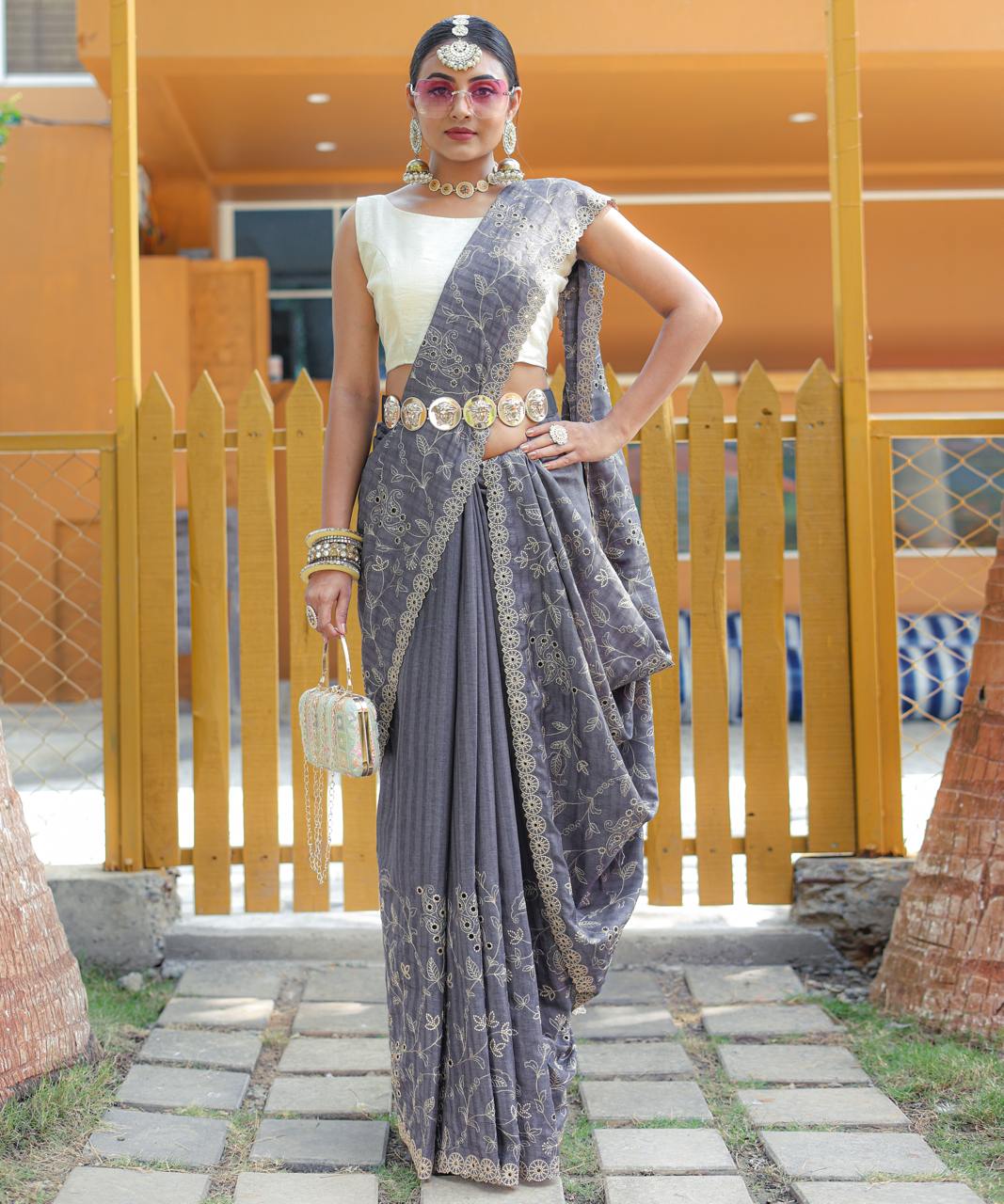 Women's Royal Prussian Blue Georgette Saree with Intricate Silver Thread & Mirror Work Embroidery – Perfect for Festive & Wedding Celebrations
