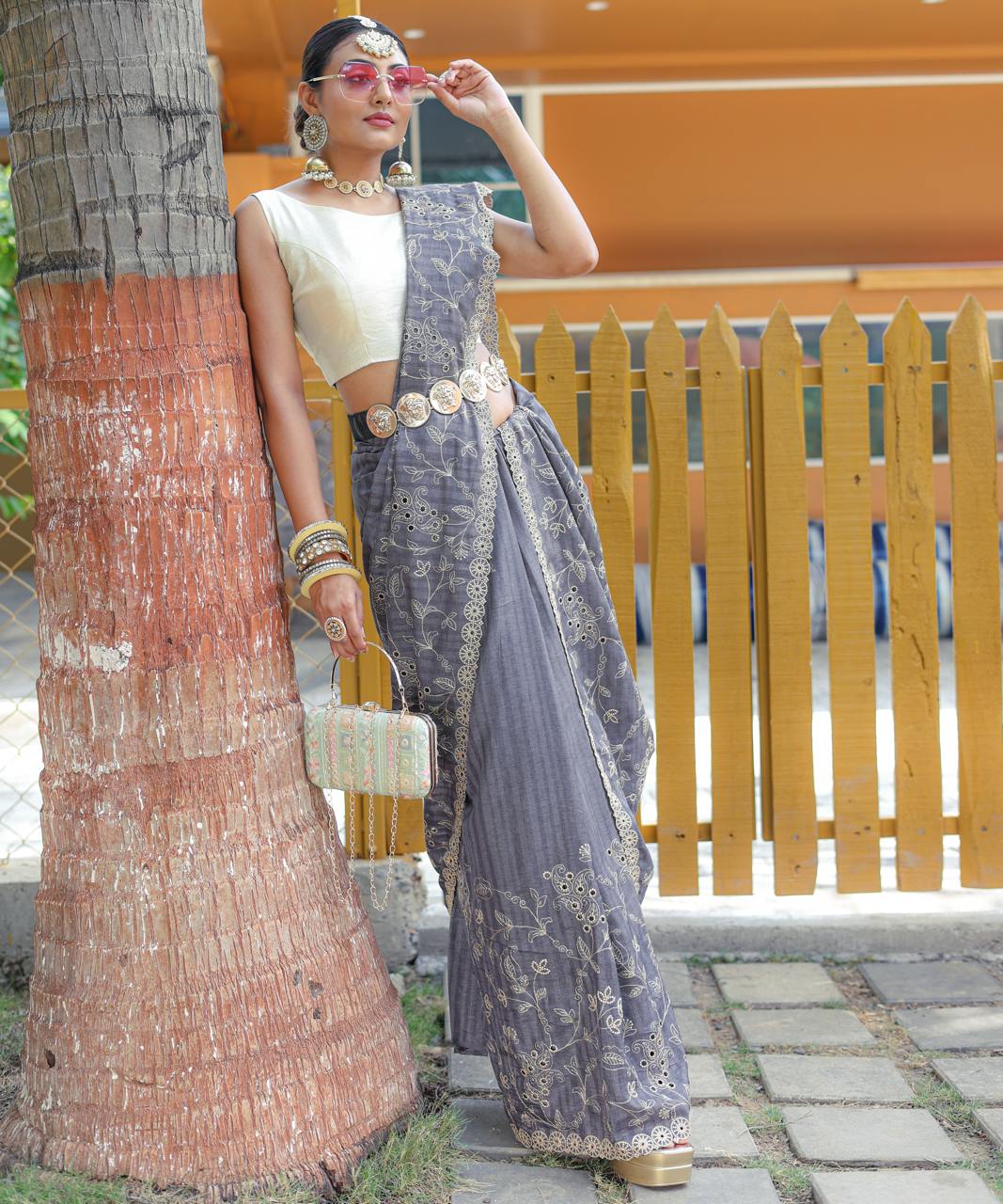 Women's Royal Prussian Blue Georgette Saree with Intricate Silver Thread & Mirror Work Embroidery – Perfect for Festive & Wedding Celebrations