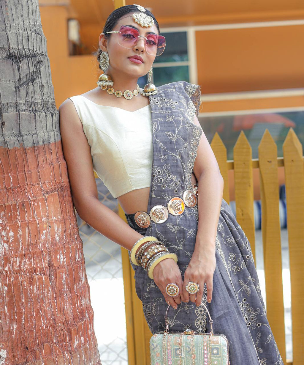 Women's Royal Prussian Blue Georgette Saree with Intricate Silver Thread & Mirror Work Embroidery – Perfect for Festive & Wedding Celebrations
