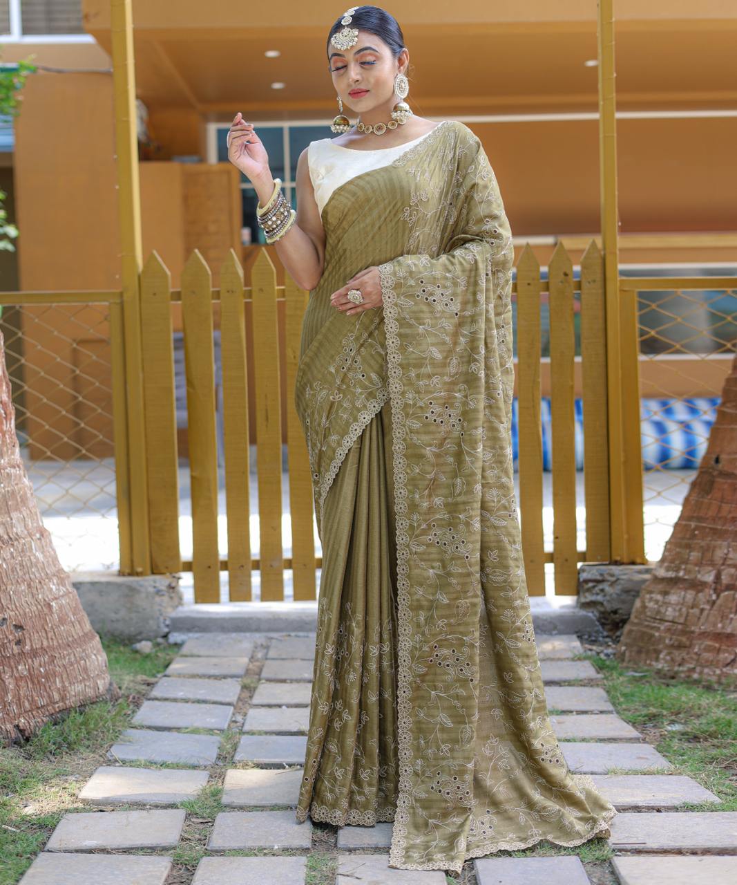 Women's Royal Prussian Blue Georgette Saree with Intricate Silver Thread & Mirror Work Embroidery – Perfect for Festive & Wedding Celebrations