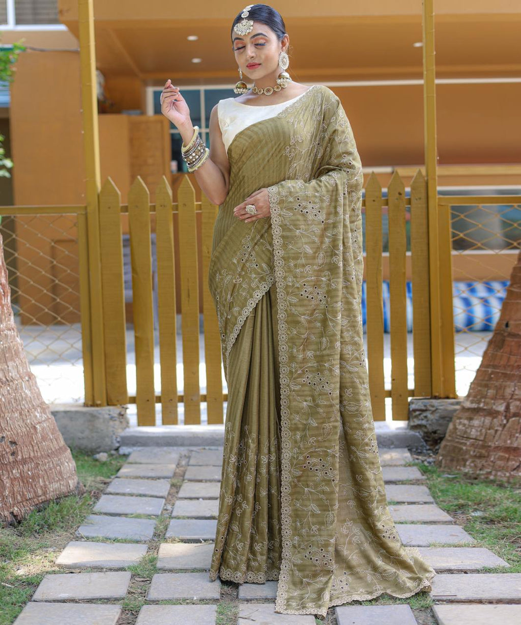 Women's Royal Prussian Blue Georgette Saree with Intricate Silver Thread & Mirror Work Embroidery – Perfect for Festive & Wedding Celebrations