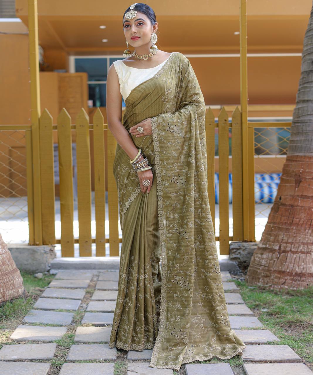 Women's Royal Prussian Blue Georgette Saree with Intricate Silver Thread & Mirror Work Embroidery – Perfect for Festive & Wedding Celebrations