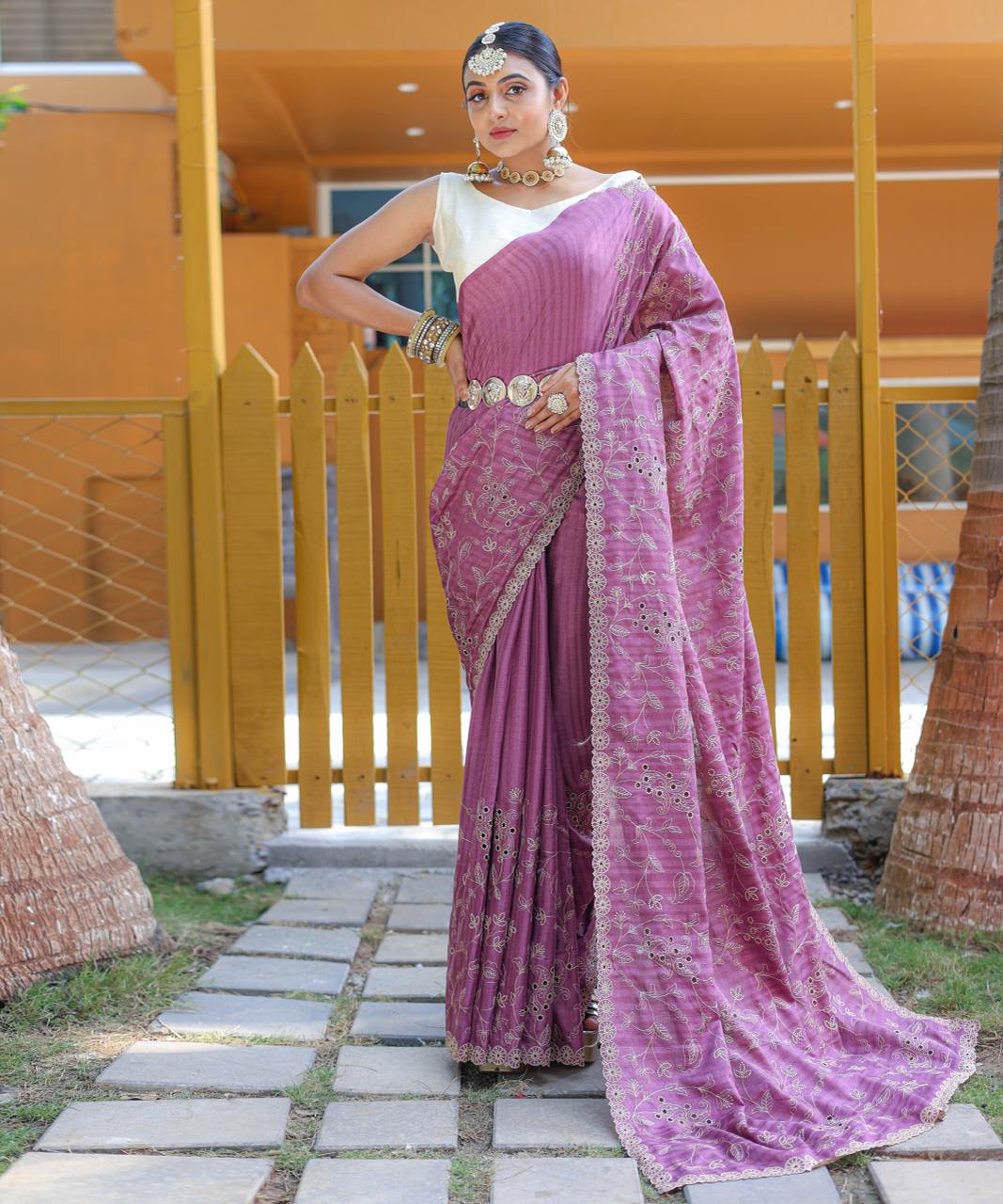 Women's Royal Prussian Blue Georgette Saree with Intricate Silver Thread & Mirror Work Embroidery – Perfect for Festive & Wedding Celebrations