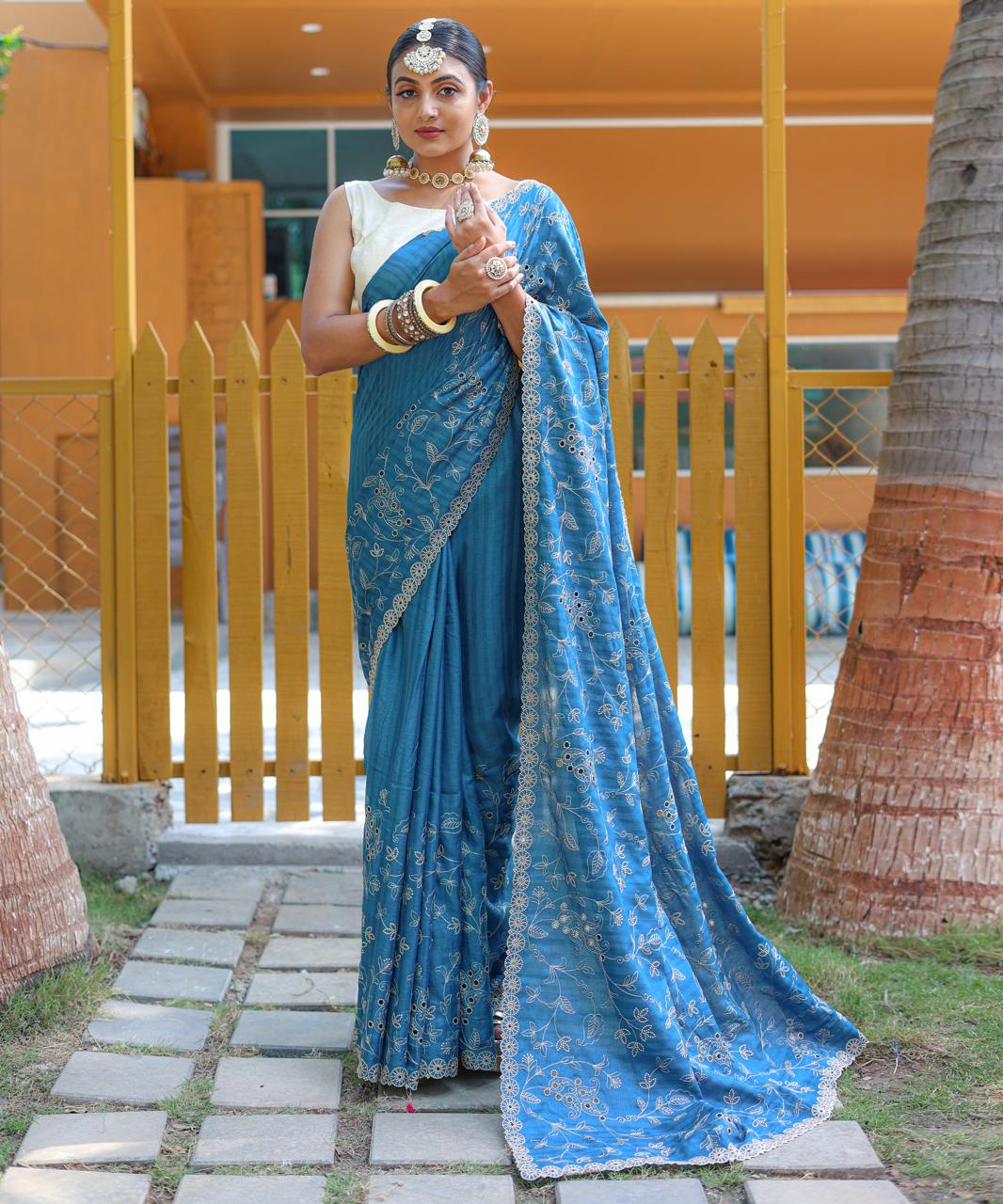 Women's Royal Prussian Blue Georgette Saree with Intricate Silver Thread & Mirror Work Embroidery – Perfect for Festive & Wedding Celebrations