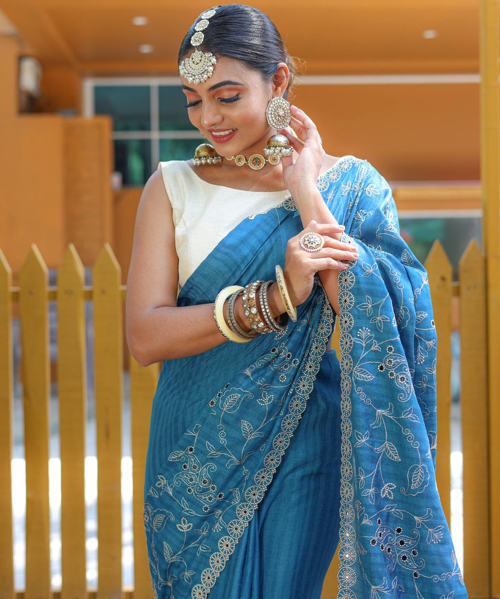 Women's Royal Prussian Blue Georgette Saree with Intricate Silver Thread & Mirror Work Embroidery – Perfect for Festive & Wedding Celebrations