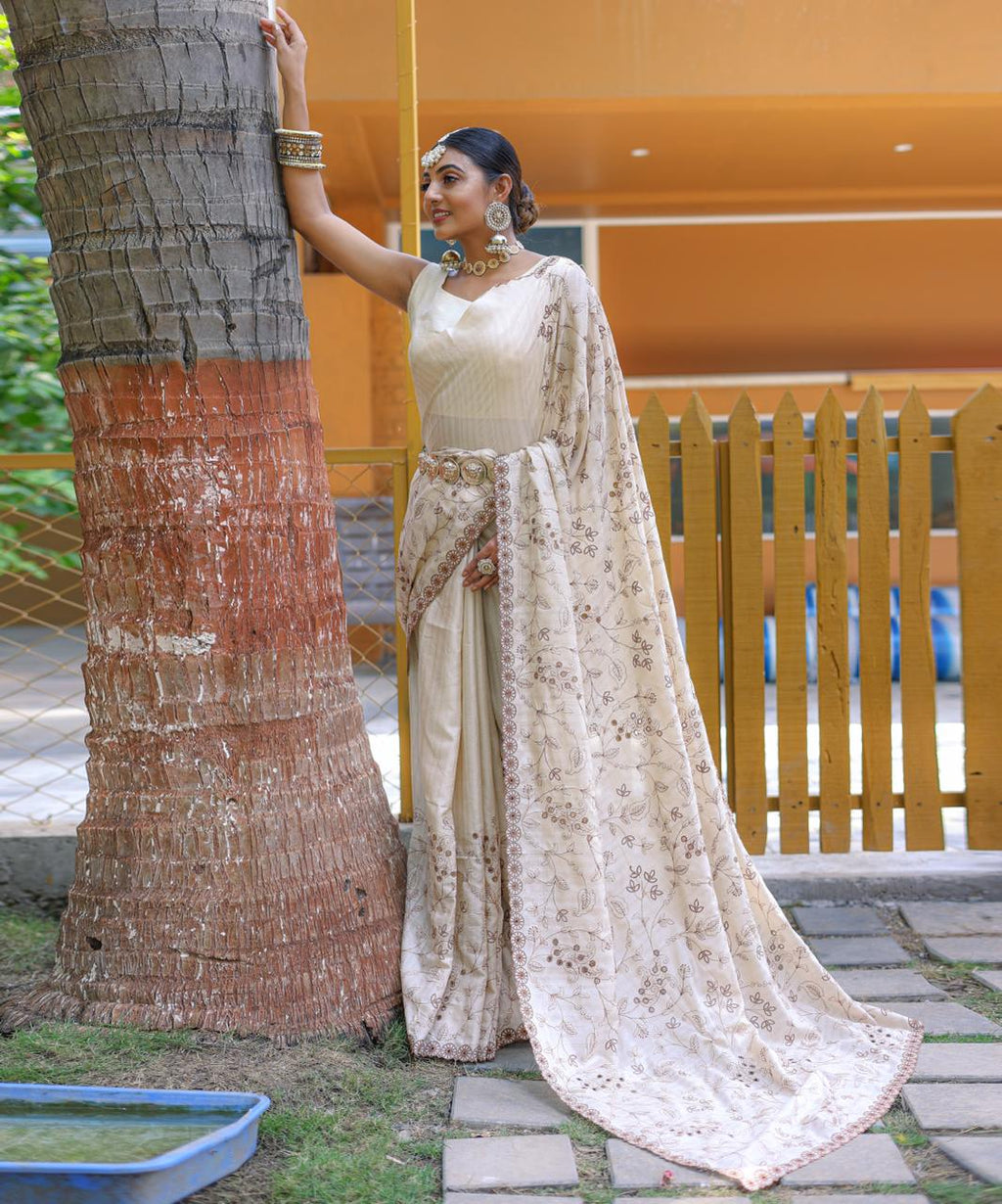 Women's Royal Prussian Blue Georgette Saree with Intricate Silver Thread & Mirror Work Embroidery – Perfect for Festive & Wedding Celebrations