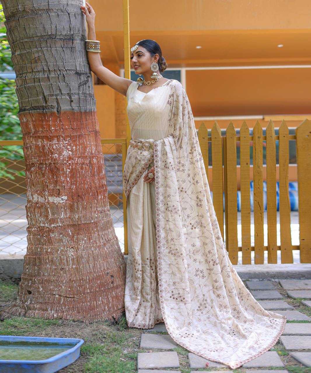 Women's Royal Prussian Blue Georgette Saree with Intricate Silver Thread & Mirror Work Embroidery – Perfect for Festive & Wedding Celebrations