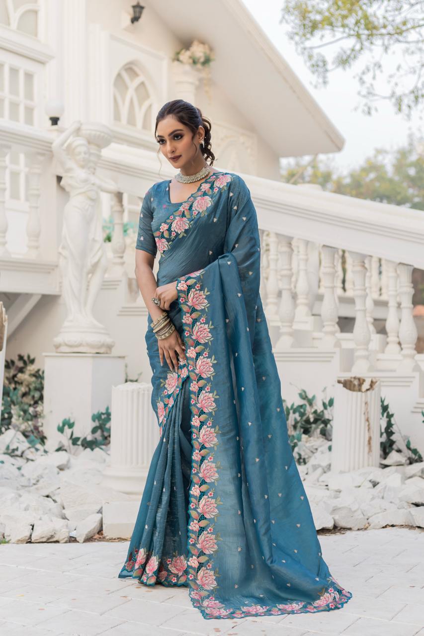 Women's Pristine White Organza Saree with Exquisite Pink & Green Floral Thread Embroidery – Complete with Matching Embroidered Blouse for Festive & Summer Wear