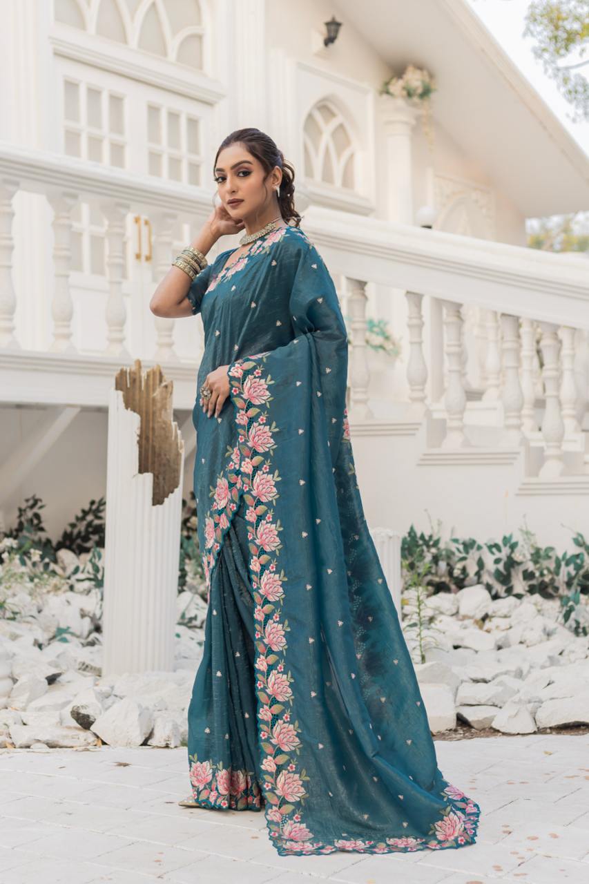 Women's Pristine White Organza Saree with Exquisite Pink & Green Floral Thread Embroidery – Complete with Matching Embroidered Blouse for Festive & Summer Wear