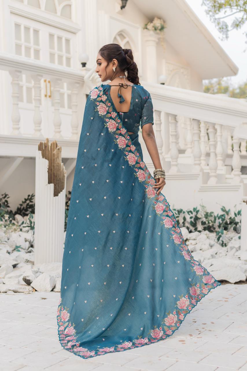 Women's Pristine White Organza Saree with Exquisite Pink & Green Floral Thread Embroidery – Complete with Matching Embroidered Blouse for Festive & Summer Wear