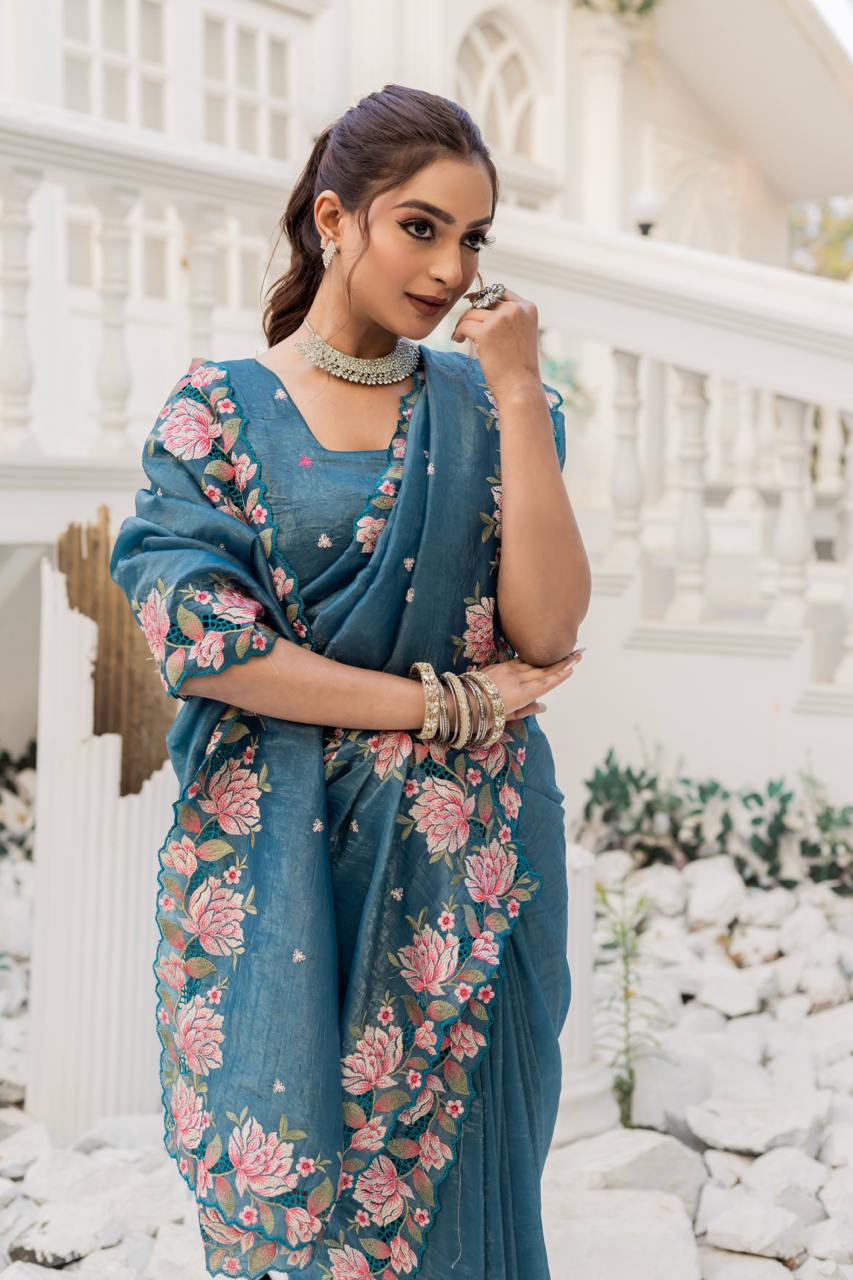 Women's Pristine White Organza Saree with Exquisite Pink & Green Floral Thread Embroidery – Complete with Matching Embroidered Blouse for Festive & Summer Wear