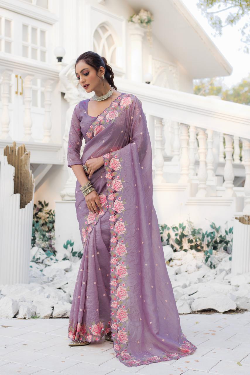 Women's Pristine White Organza Saree with Exquisite Pink & Green Floral Thread Embroidery – Complete with Matching Embroidered Blouse for Festive & Summer Wear