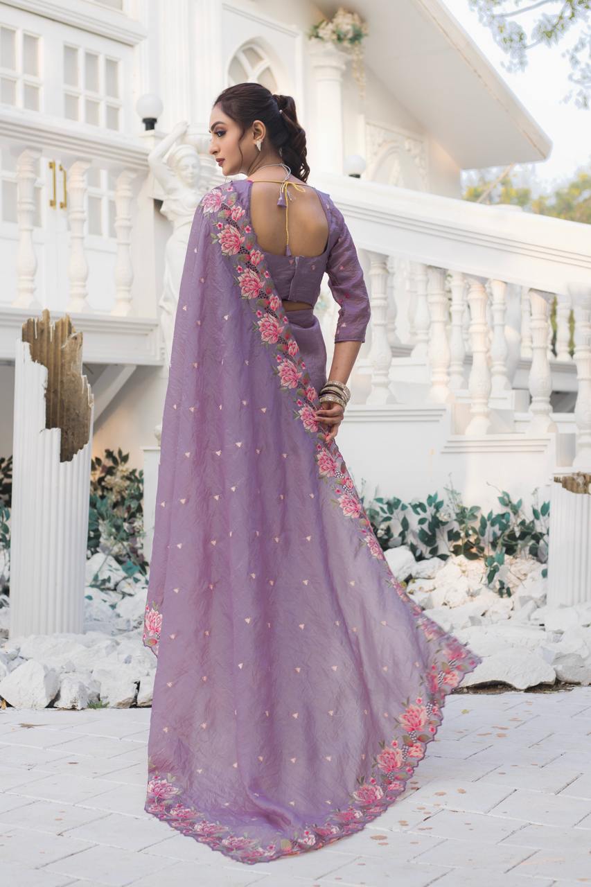 Women's Pristine White Organza Saree with Exquisite Pink & Green Floral Thread Embroidery – Complete with Matching Embroidered Blouse for Festive & Summer Wear