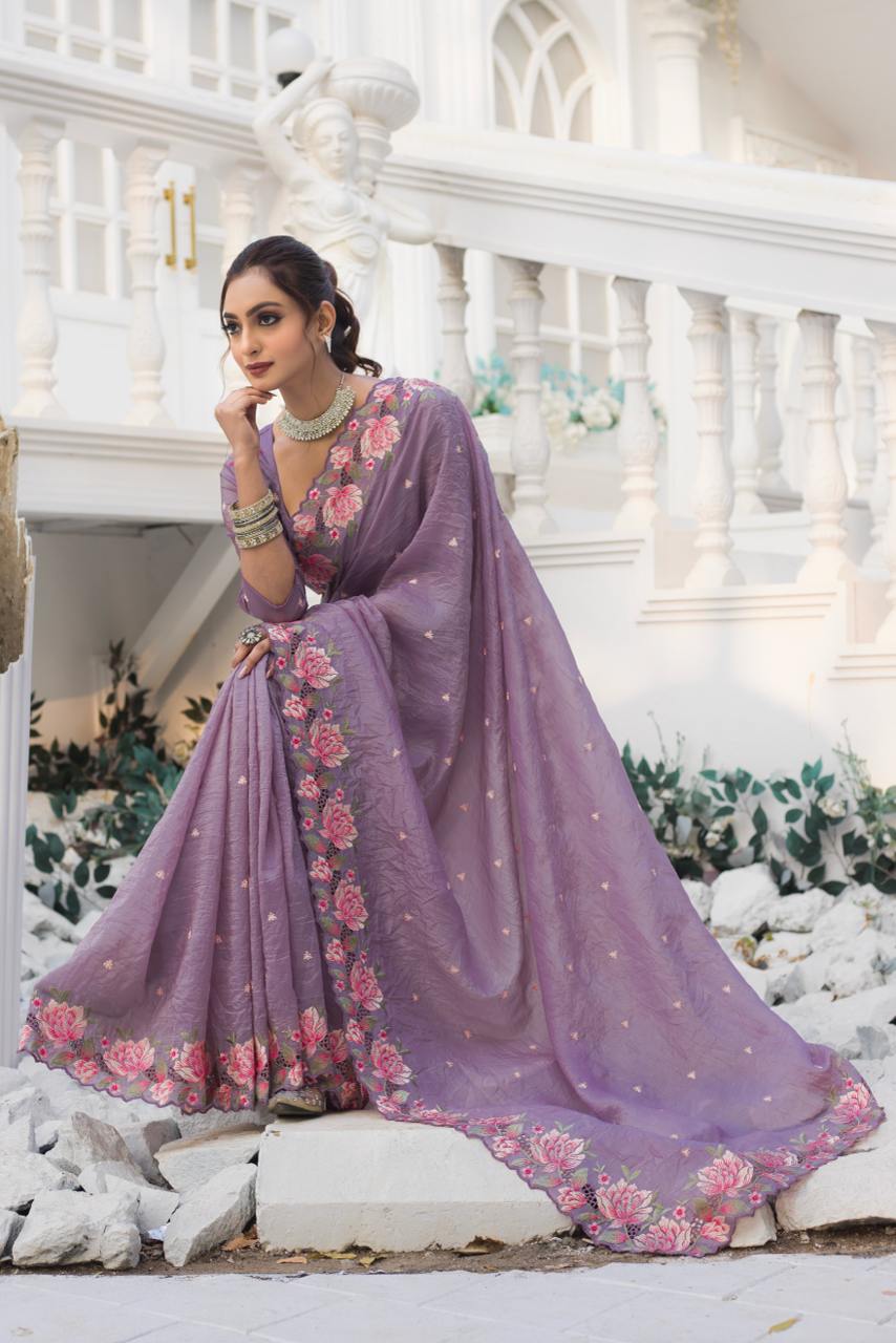 Women's Pristine White Organza Saree with Exquisite Pink & Green Floral Thread Embroidery – Complete with Matching Embroidered Blouse for Festive & Summer Wear