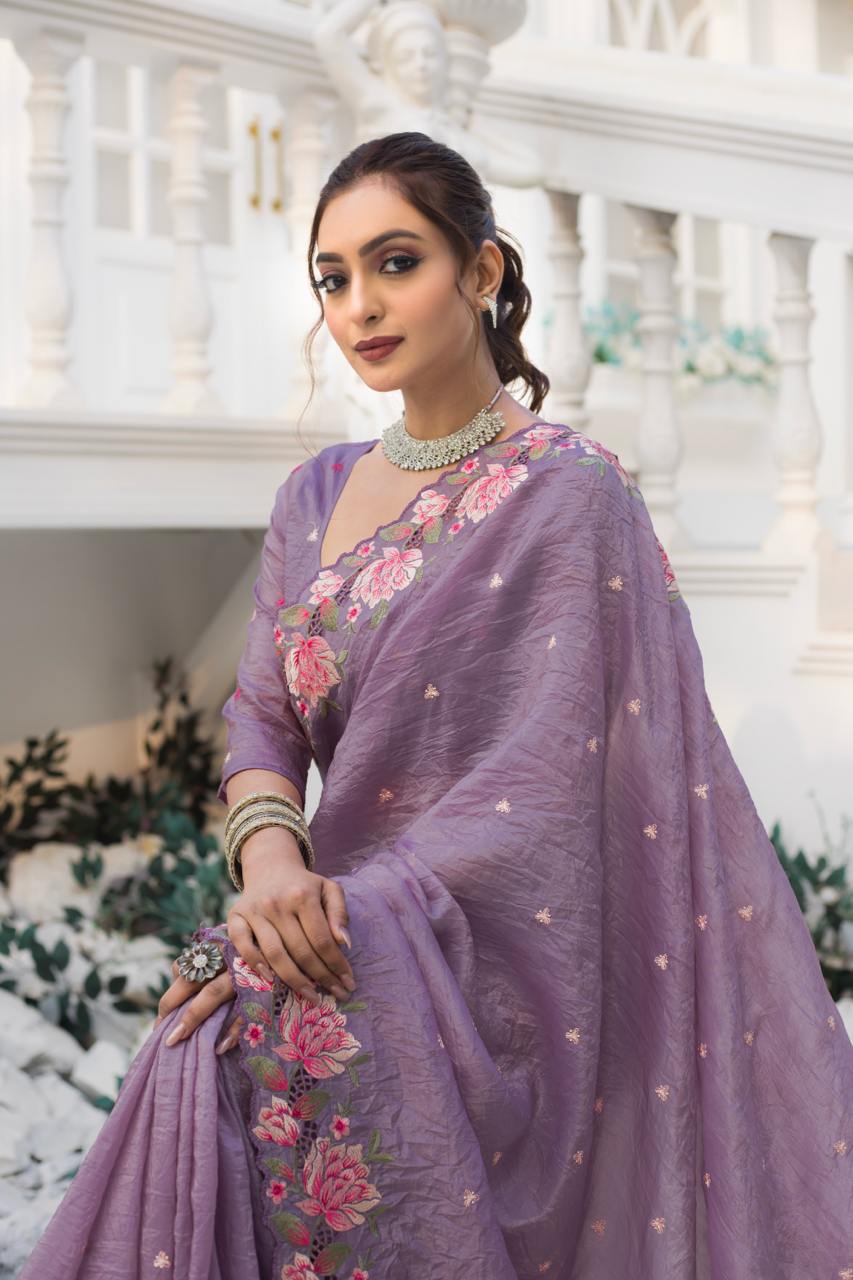 Women's Pristine White Organza Saree with Exquisite Pink & Green Floral Thread Embroidery – Complete with Matching Embroidered Blouse for Festive & Summer Wear