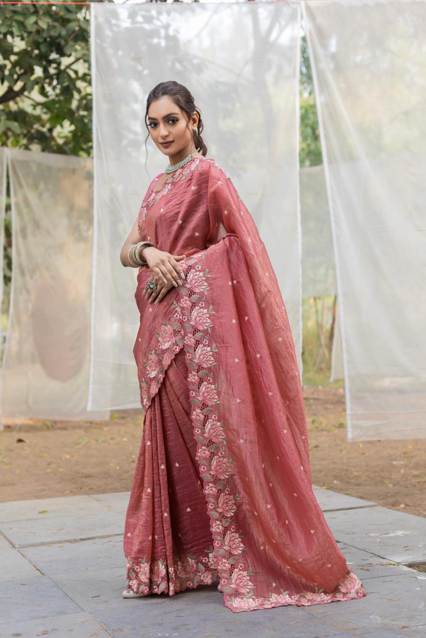 Women's Pristine White Organza Saree with Exquisite Pink & Green Floral Thread Embroidery – Complete with Matching Embroidered Blouse for Festive & Summer Wear