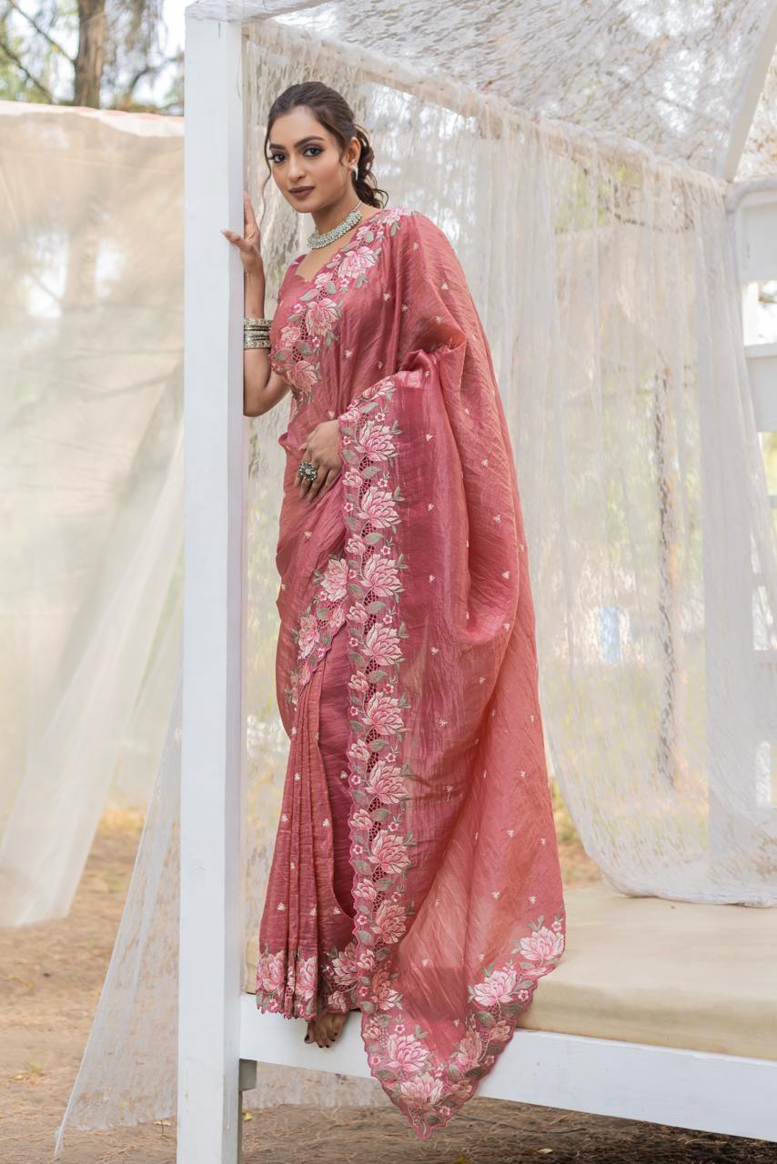 Women's Pristine White Organza Saree with Exquisite Pink & Green Floral Thread Embroidery – Complete with Matching Embroidered Blouse for Festive & Summer Wear