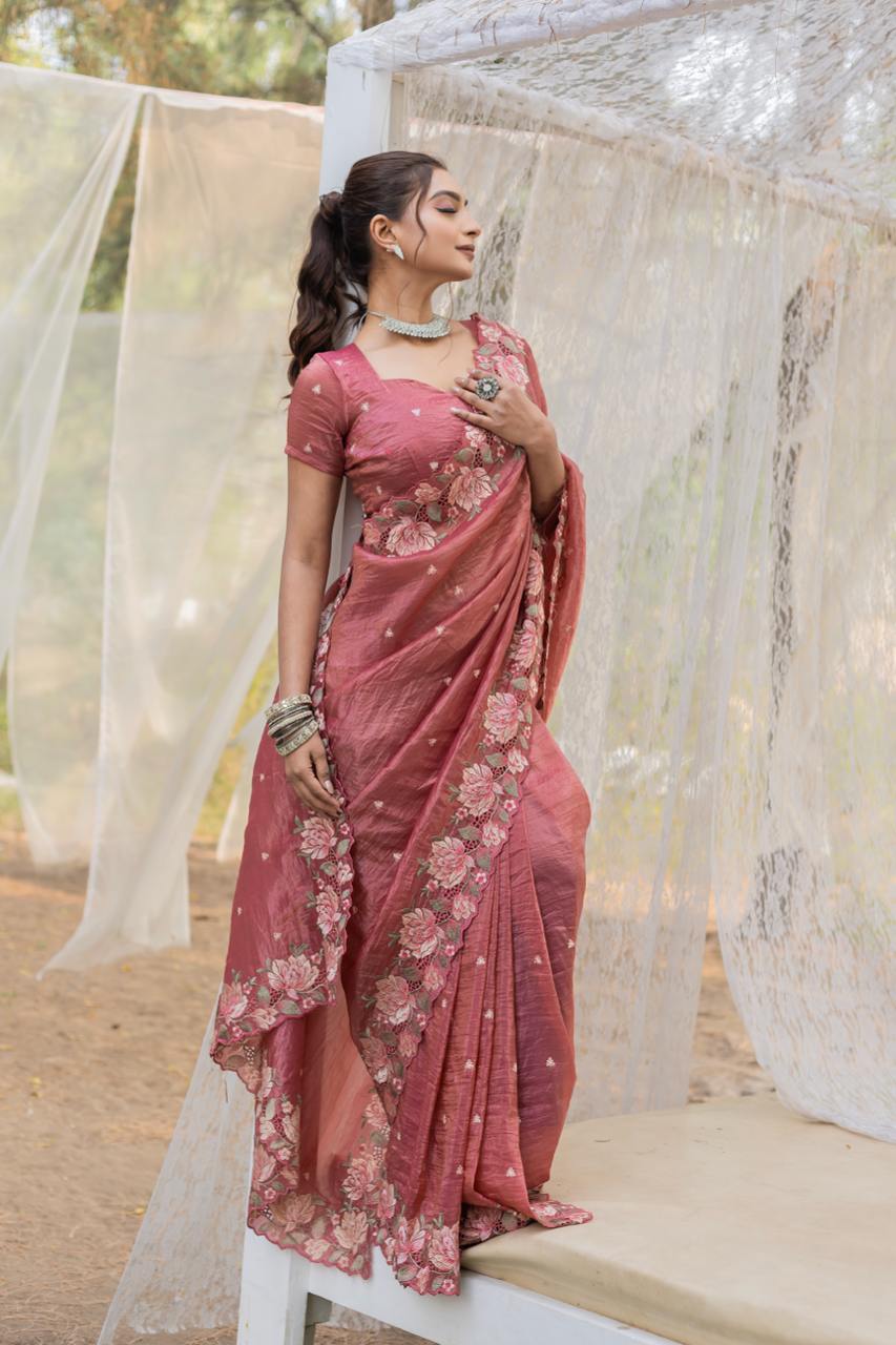 Women's Pristine White Organza Saree with Exquisite Pink & Green Floral Thread Embroidery – Complete with Matching Embroidered Blouse for Festive & Summer Wear
