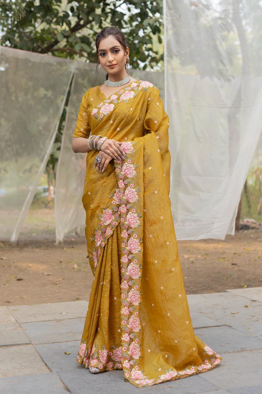 Women's Pristine White Organza Saree with Exquisite Pink & Green Floral Thread Embroidery – Complete with Matching Embroidered Blouse for Festive & Summer Wear