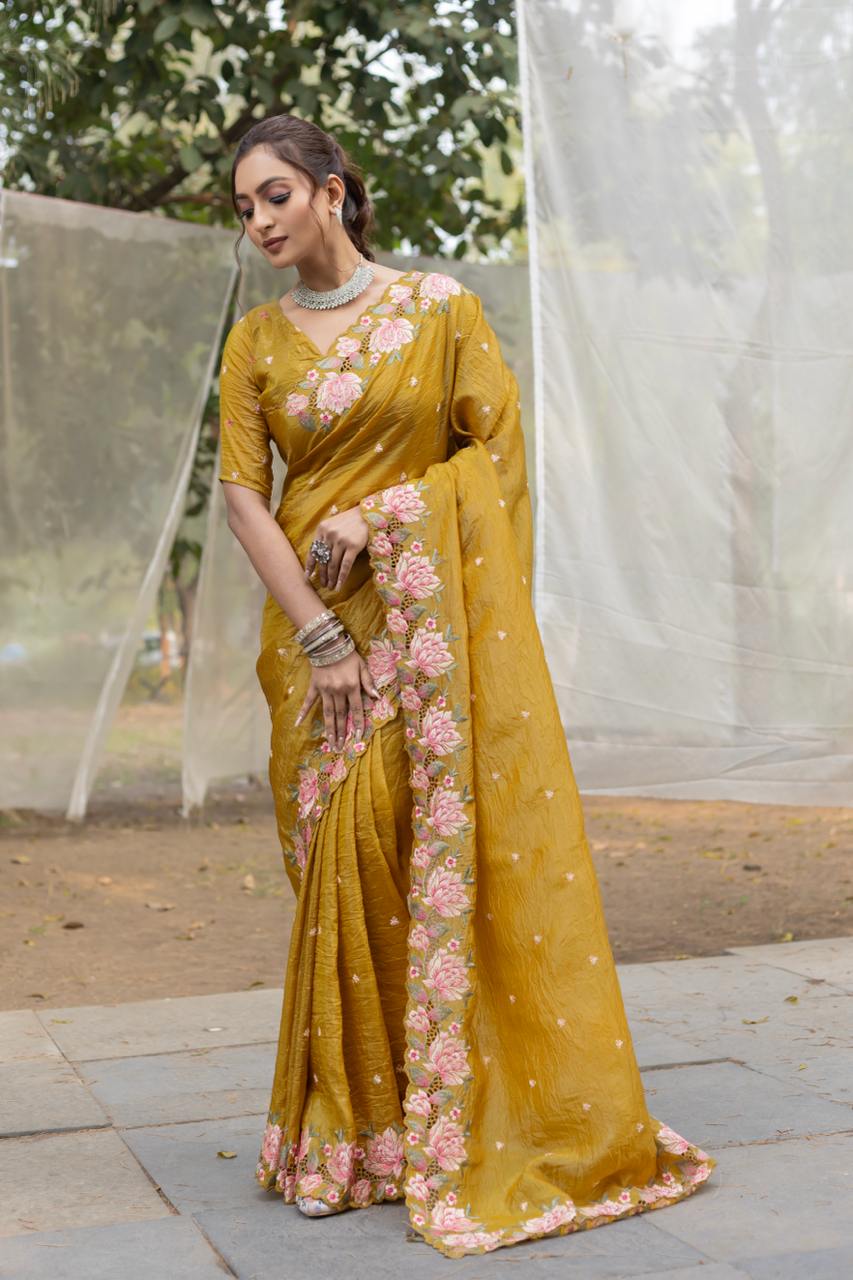 Women's Pristine White Organza Saree with Exquisite Pink & Green Floral Thread Embroidery – Complete with Matching Embroidered Blouse for Festive & Summer Wear