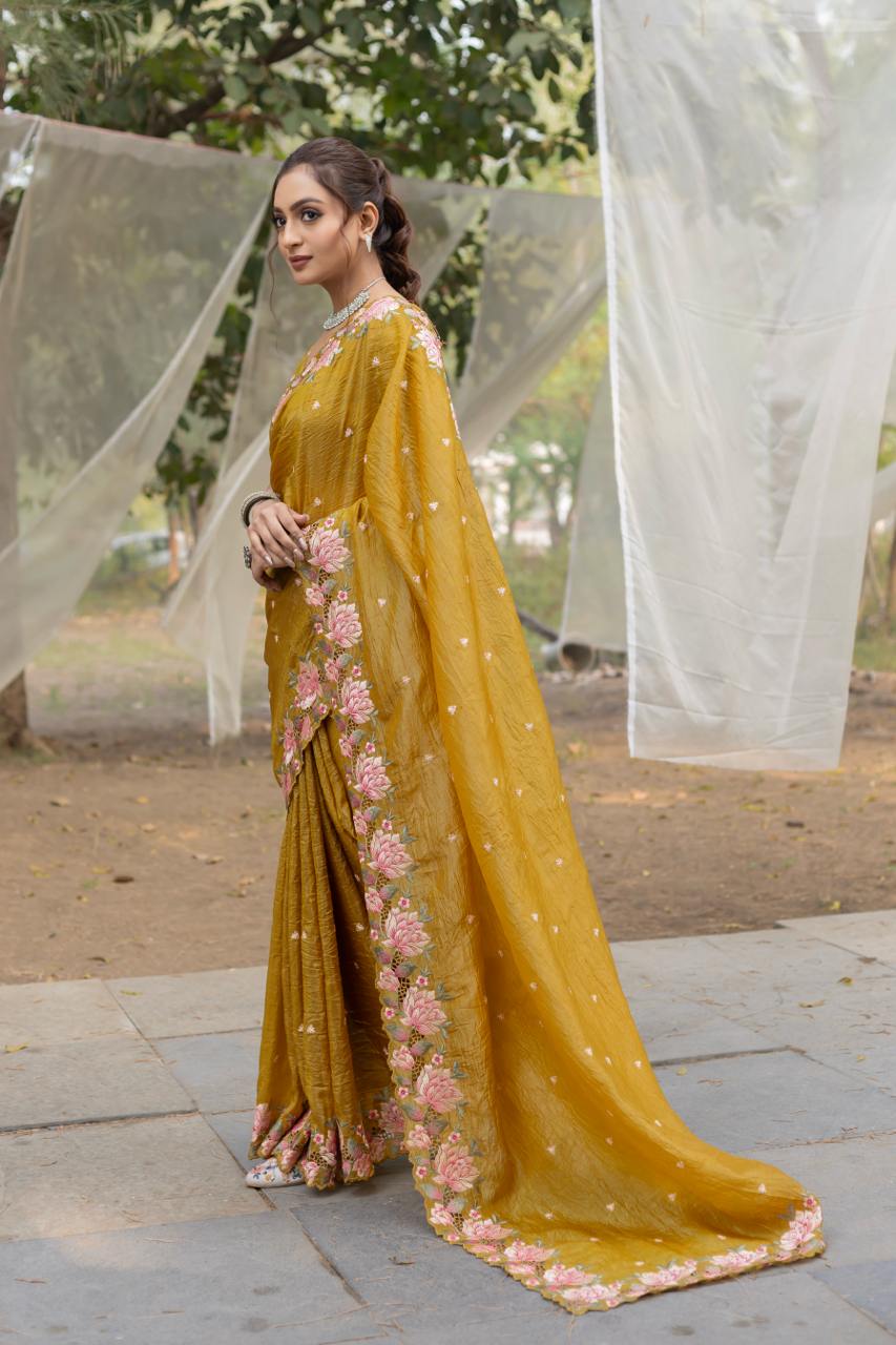 Women's Pristine White Organza Saree with Exquisite Pink & Green Floral Thread Embroidery – Complete with Matching Embroidered Blouse for Festive & Summer Wear