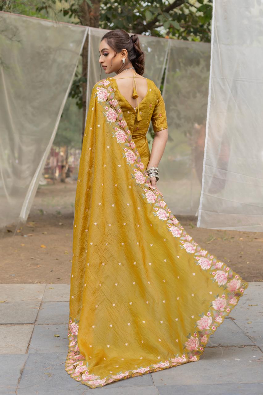Women's Pristine White Organza Saree with Exquisite Pink & Green Floral Thread Embroidery – Complete with Matching Embroidered Blouse for Festive & Summer Wear