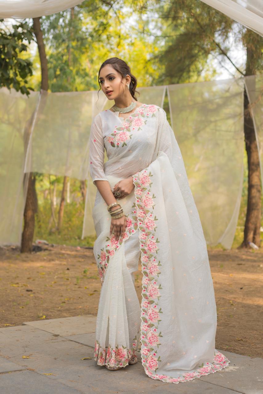 Women's Pristine White Organza Saree with Exquisite Pink & Green Floral Thread Embroidery – Complete with Matching Embroidered Blouse for Festive & Summer Wear