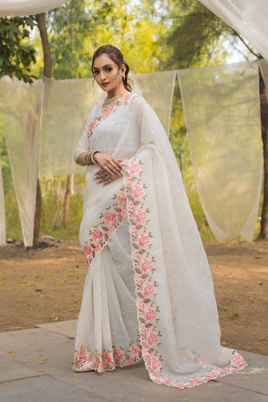 Women's Pristine White Organza Saree with Exquisite Pink & Green Floral Thread Embroidery – Complete with Matching Embroidered Blouse for Festive & Summer Wear