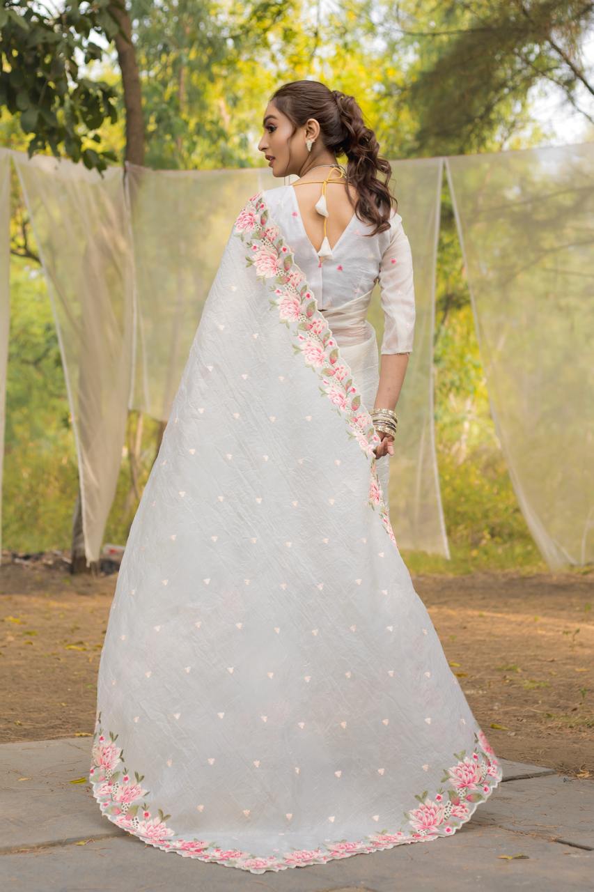 Women's Pristine White Organza Saree with Exquisite Pink & Green Floral Thread Embroidery – Complete with Matching Embroidered Blouse for Festive & Summer Wear