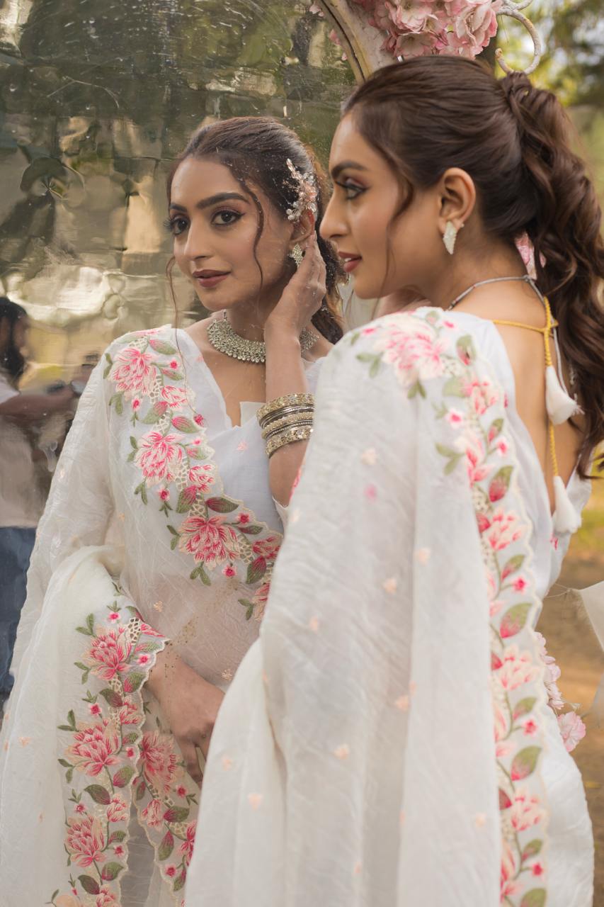 Women's Pristine White Organza Saree with Exquisite Pink & Green Floral Thread Embroidery – Complete with Matching Embroidered Blouse for Festive & Summer Wear