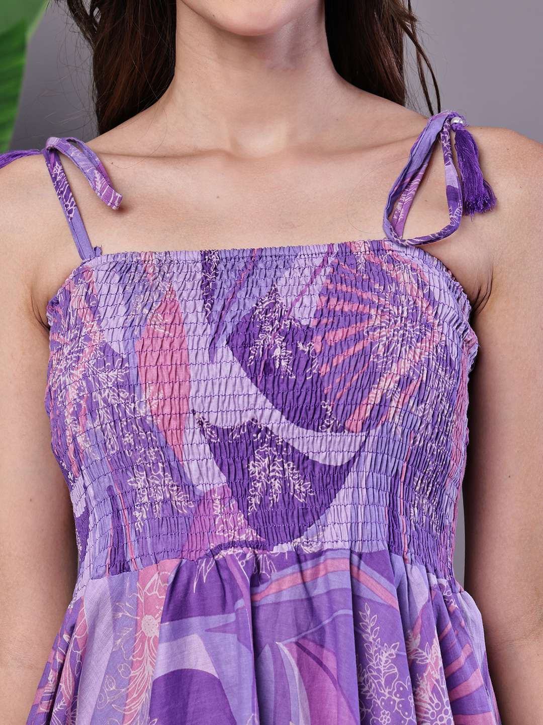 Women's Purple Printed Cotton Handkerchief Hem Midi Dress